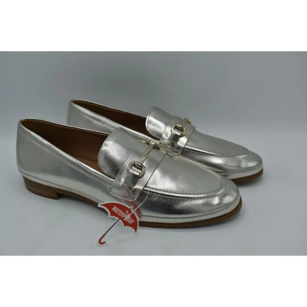Blondo Women 9 Benita Platinum Metallic Leather Waterproof Slip On Loafers Shoes